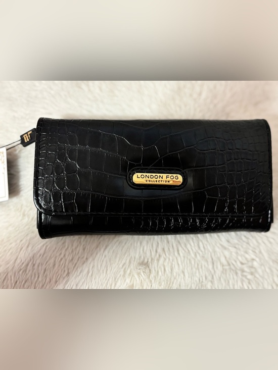London Fog Handbags - London Fog Black Croc-Embossed Clutch with Gold Logo Plaque